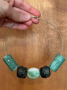 Chunky ceramic bead choker necklace, unique, hand-painted green and blue beads